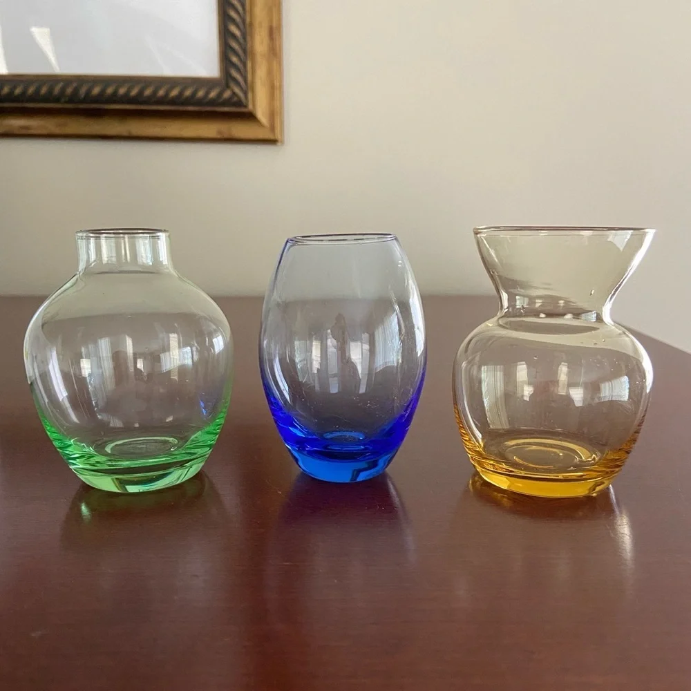 DANSK Set of 3 Mini Glass Vases - 1 Blue, 1 Green & 1 Yellow - 3